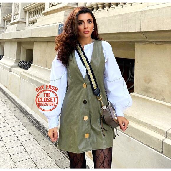 💚 ZARA V-Neck Button Mini Dress NWT | Green Faux Leather Pinafore S/M - Picture 4 of 16